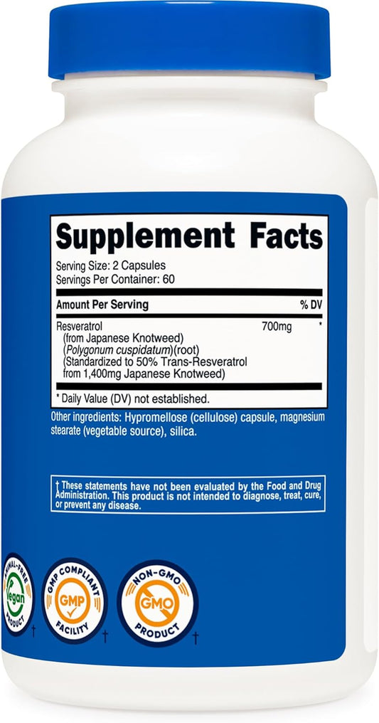 Nutricost Resveratrol 700mg Per Serving – 120 Capsules | High Strength Antioxidant Supplement for Anti Aging, Heart Health & Cellular Support